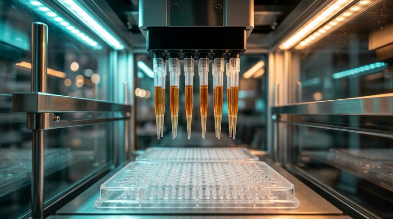 Automated 8-channel liquid handler dispensing into a 96-well assay plate